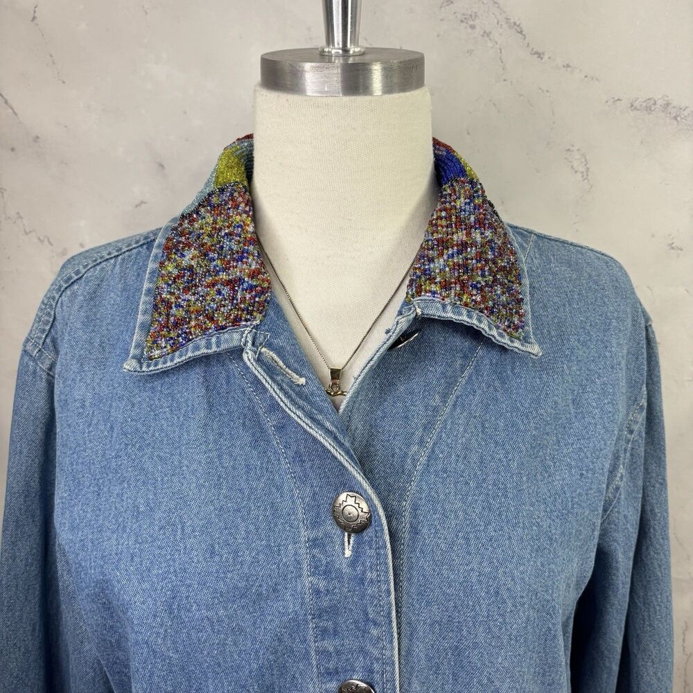 Vintage 90s Patchwork Denim Jacket M Beaded Collar Southwestern Concho Artsy L - Picture 4 of 16